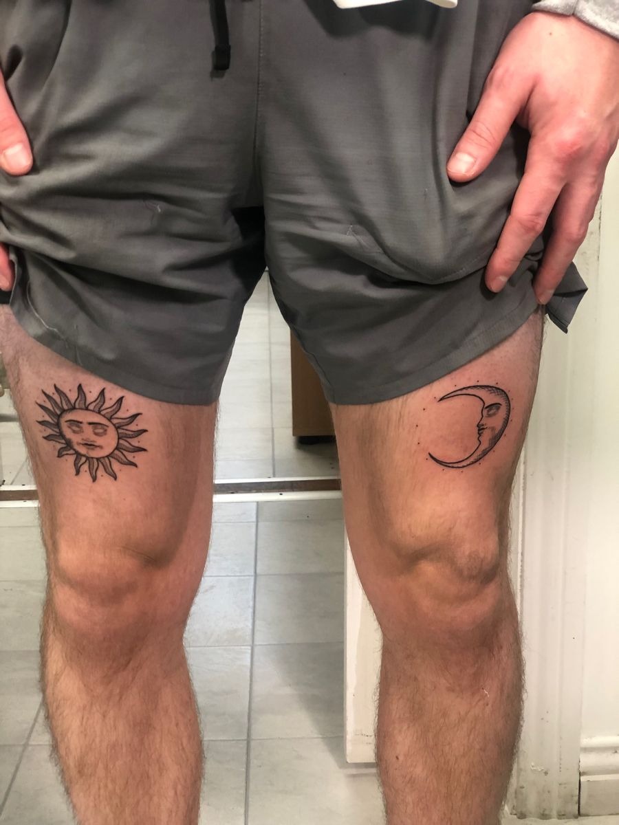 Sun and Crescent Pair, a tattoo design rendered in clean detailed linework for the thigh.