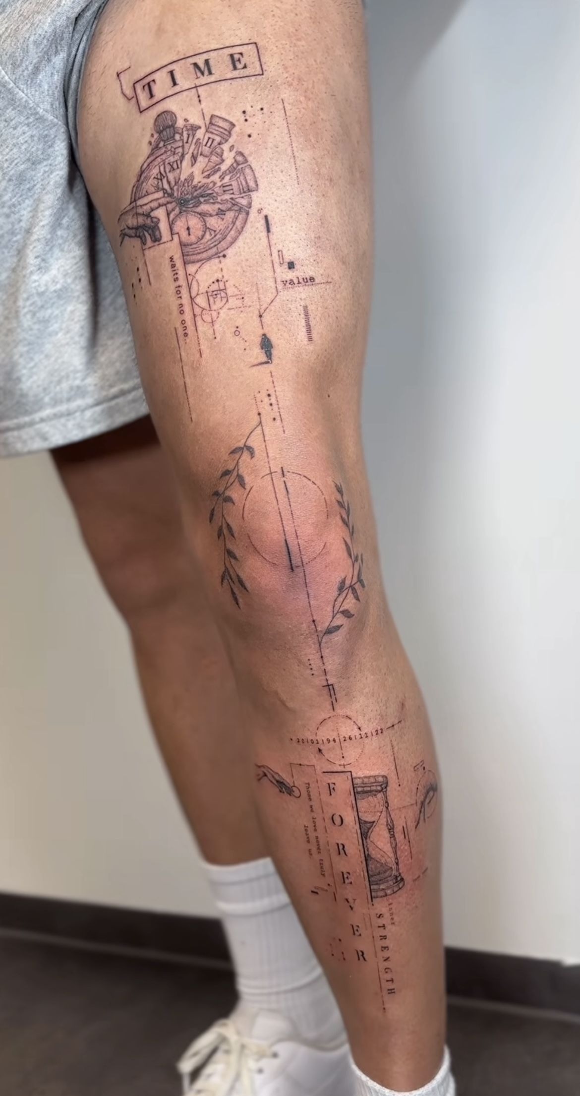 Timeless Geometry Thigh Tattoo, a tattoo design rendered in fine-line.