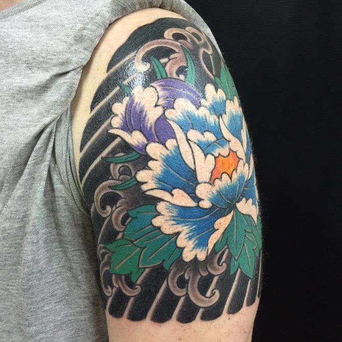 Bold Color Peony with Wave Backdrop Tattoo Design
