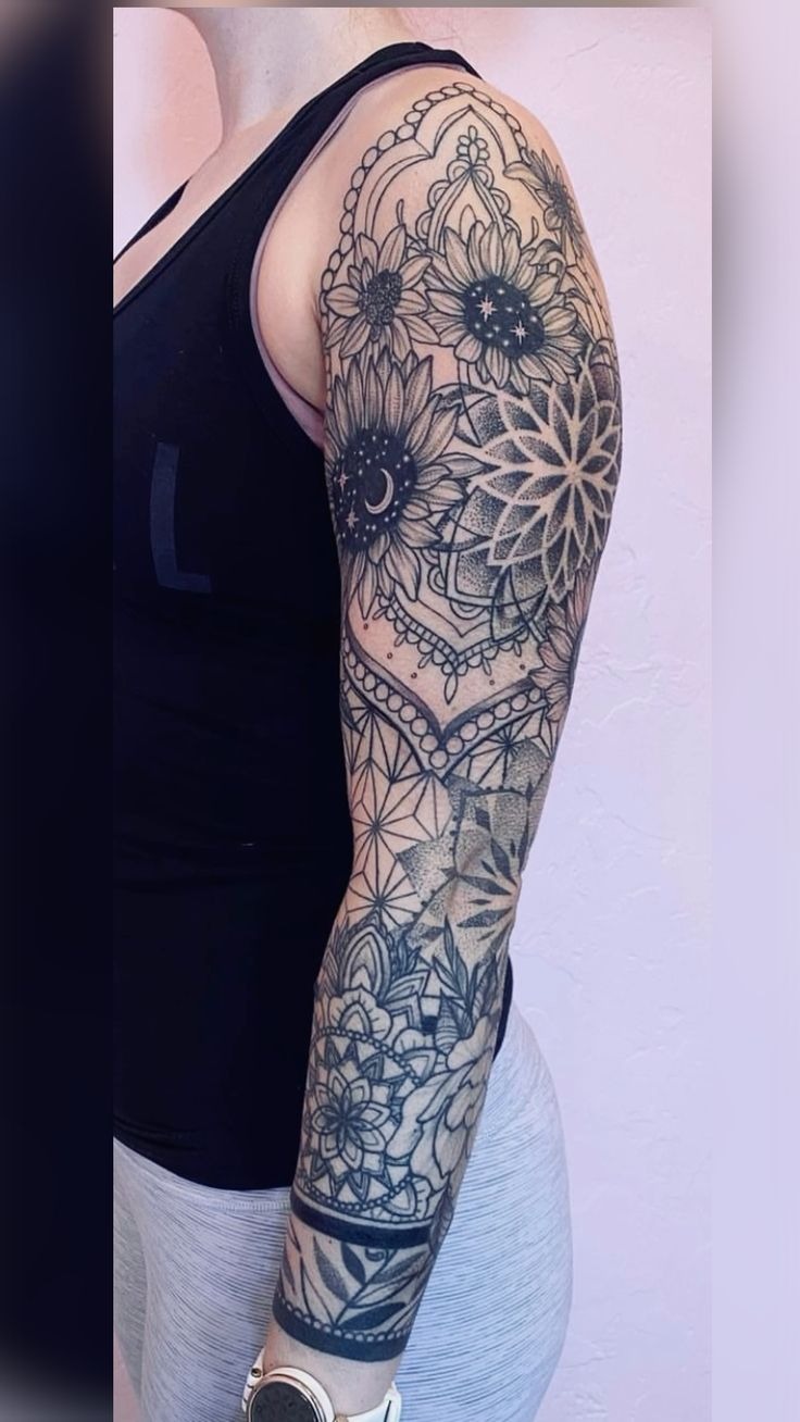 Celestial Sunflower + Mandala Sleeve Statement Tattoo Design