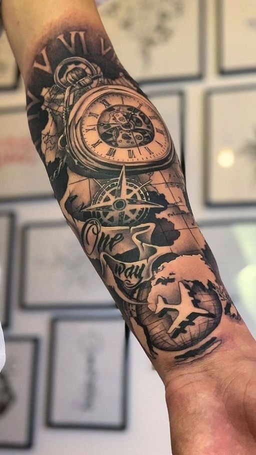 Compass + Watch + Airplane “One Way” Travel Story Tattoo Design