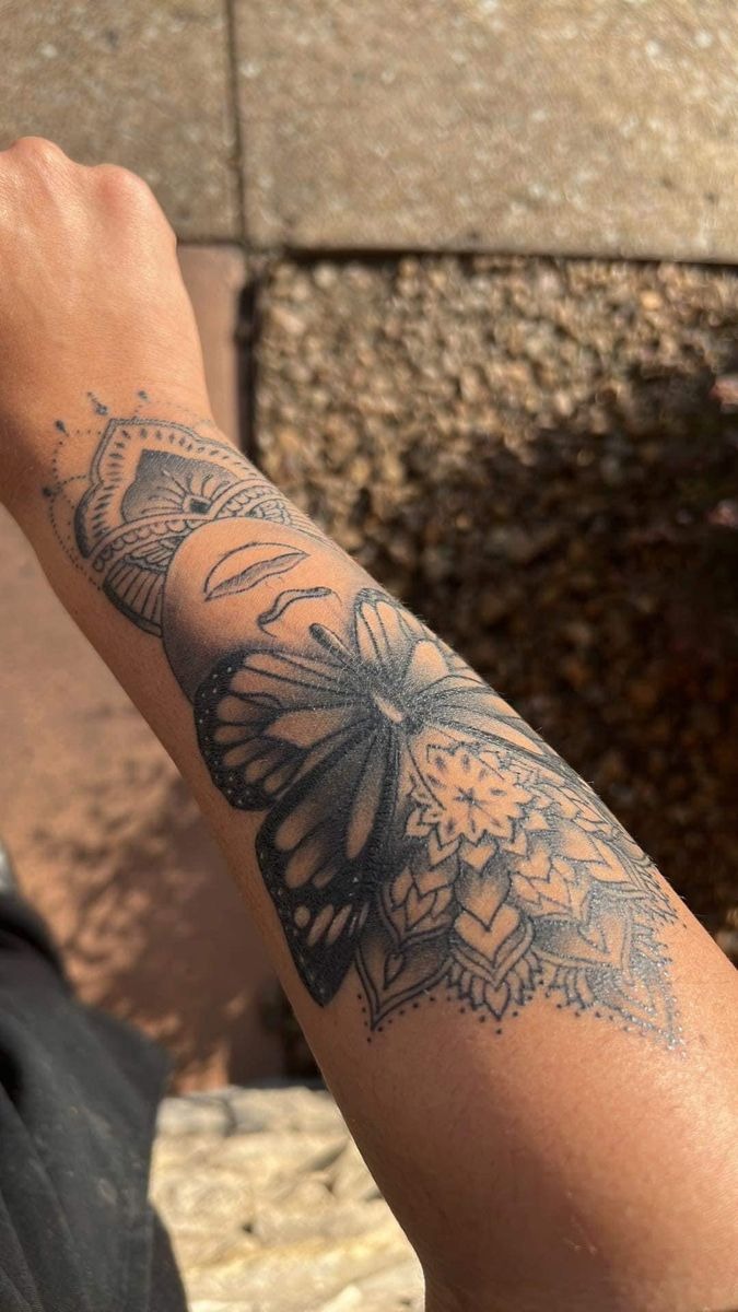 Monarch Wing and Mandala Fusion Tattoo Design