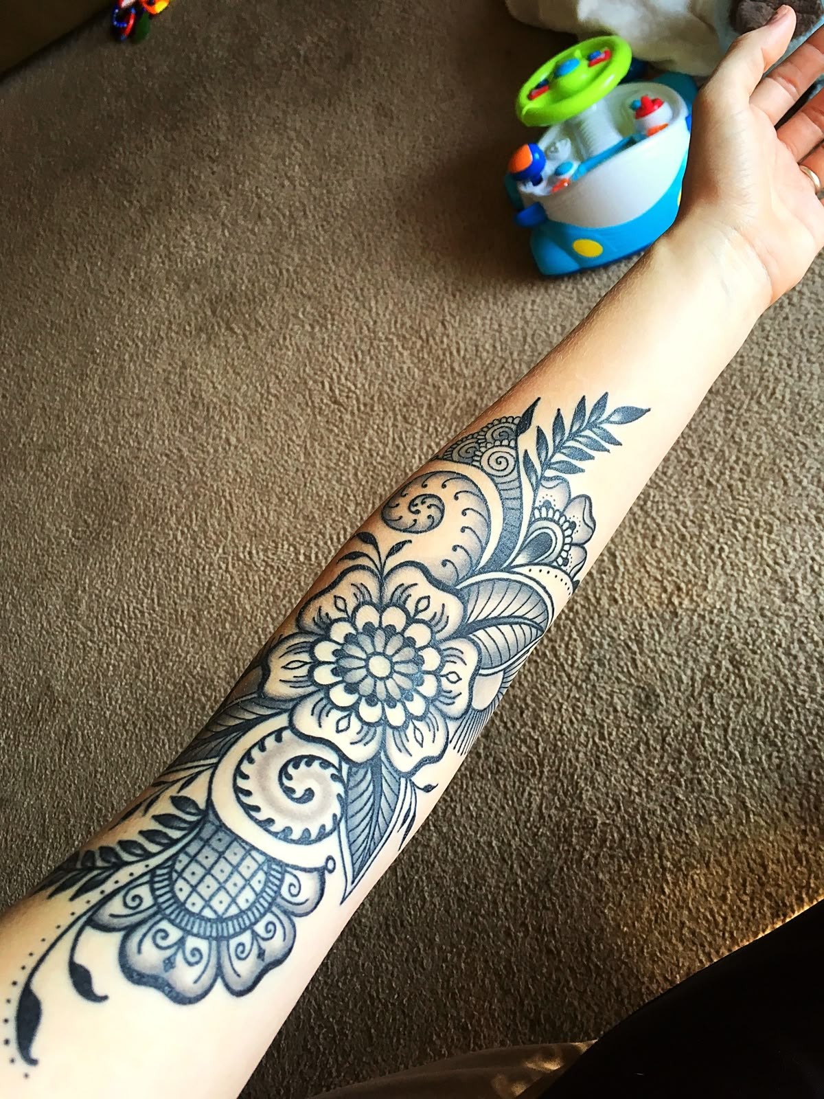 Ornamental Floral Mandala Forearm Flow Tattoo Design