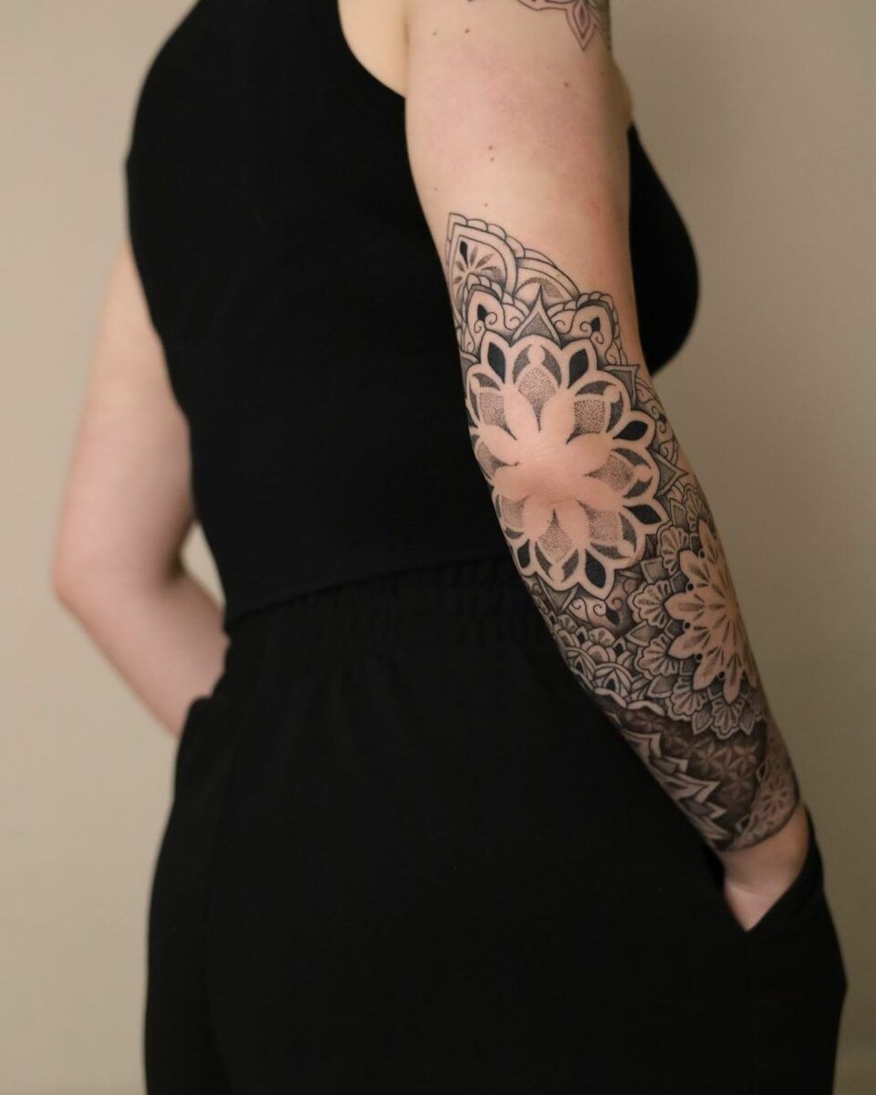 Petal-Deep Mandala Quarter Sleeve Tattoo Design