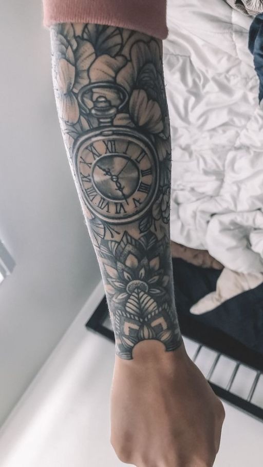 Pocket Watch + Lotus Mandala Forearm Blend Tattoo Design