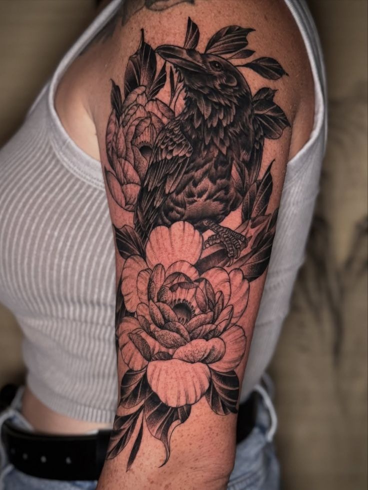 Raven + Peonies Upper-Arm Drama Tattoo Design