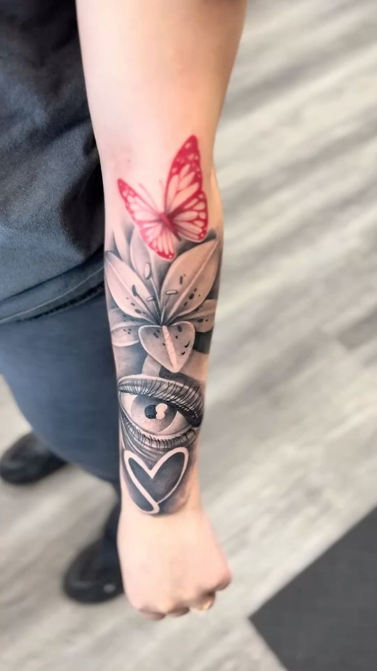 Red Butterfly + Lily + Eye Collage Forearm Tattoo Design