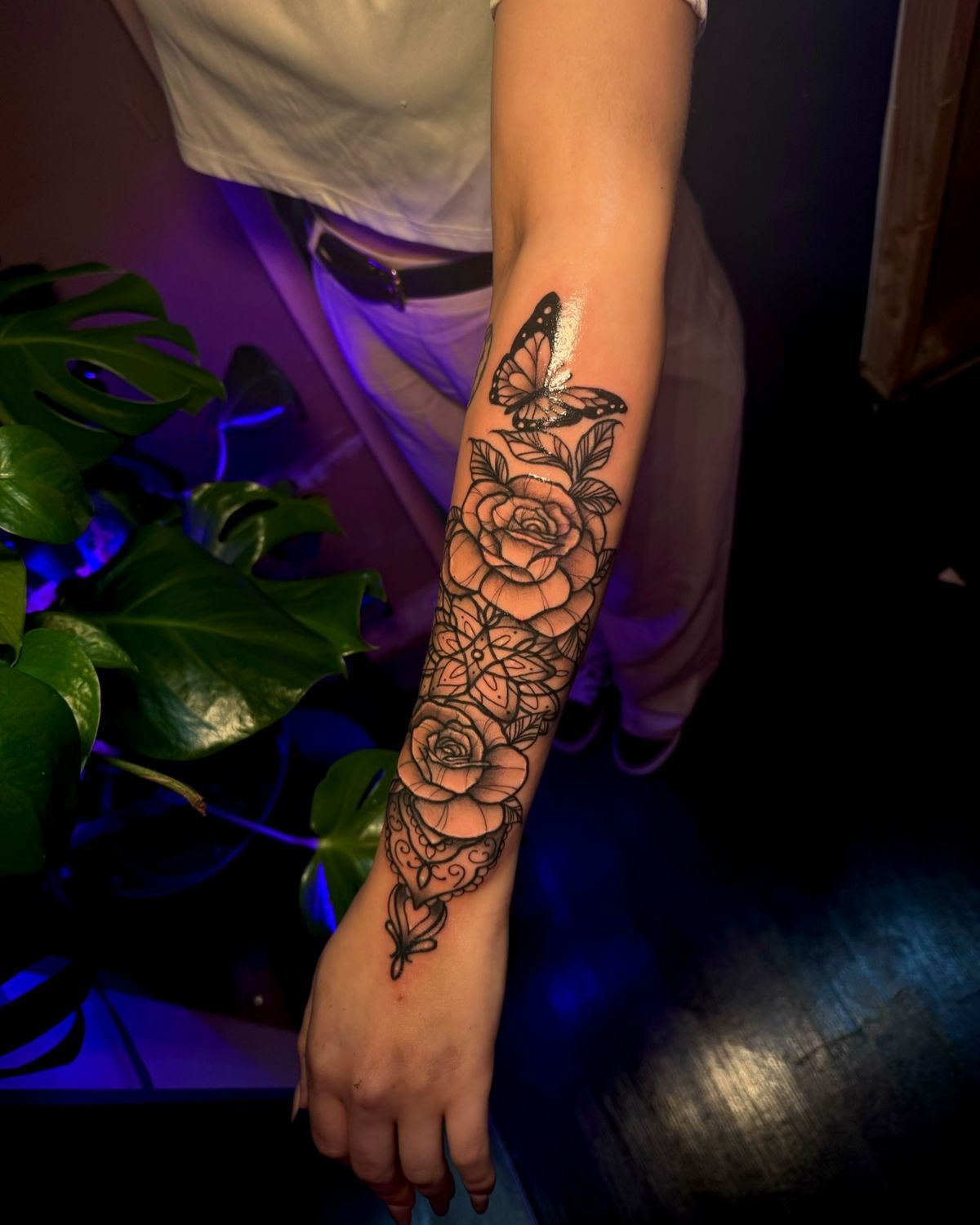 Rose and Pocket Watch with Date Banner Tattoo Design