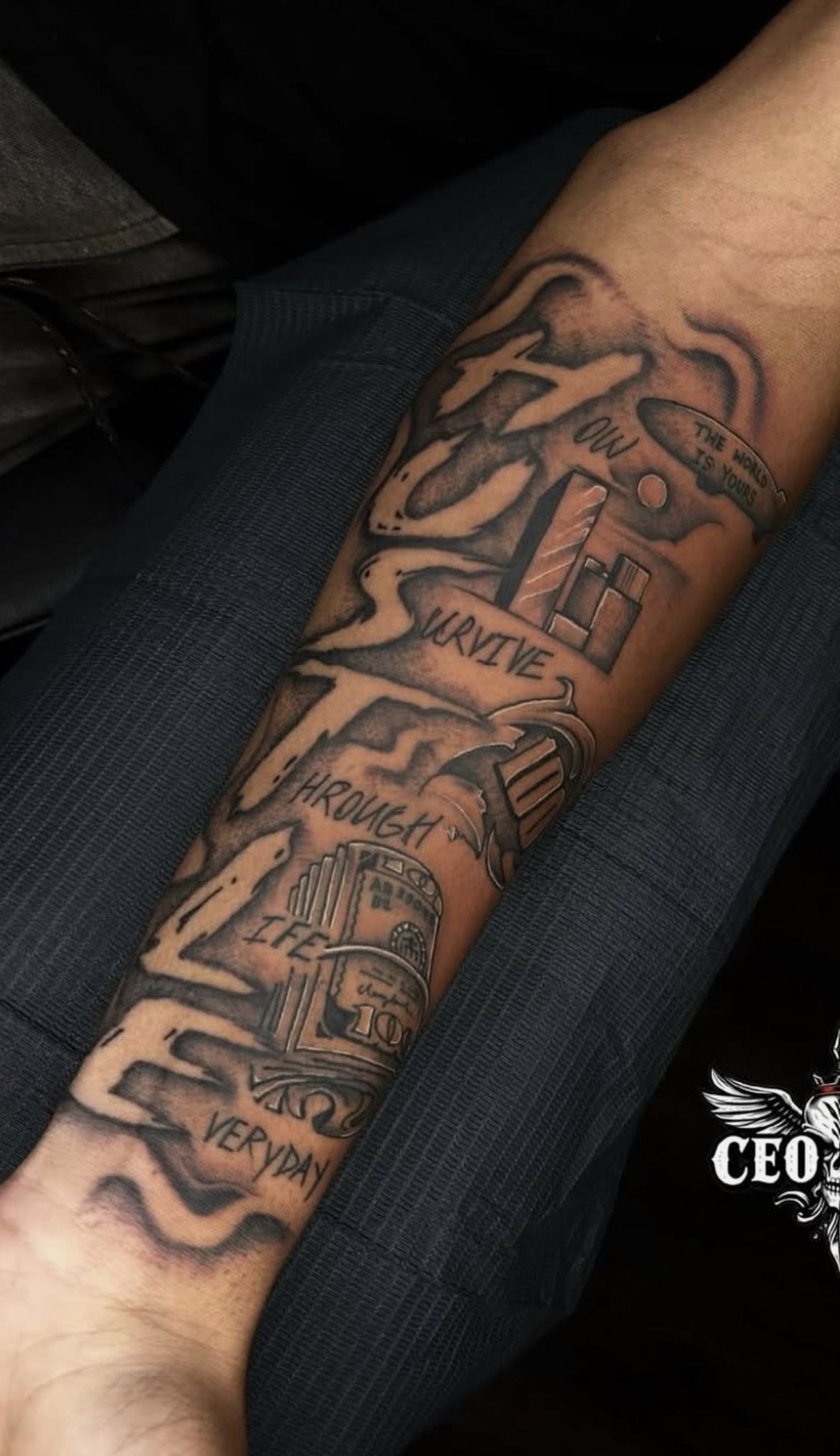 Street-Style Sizzler Resilience Script Quarter Sleeve Tattoo Design