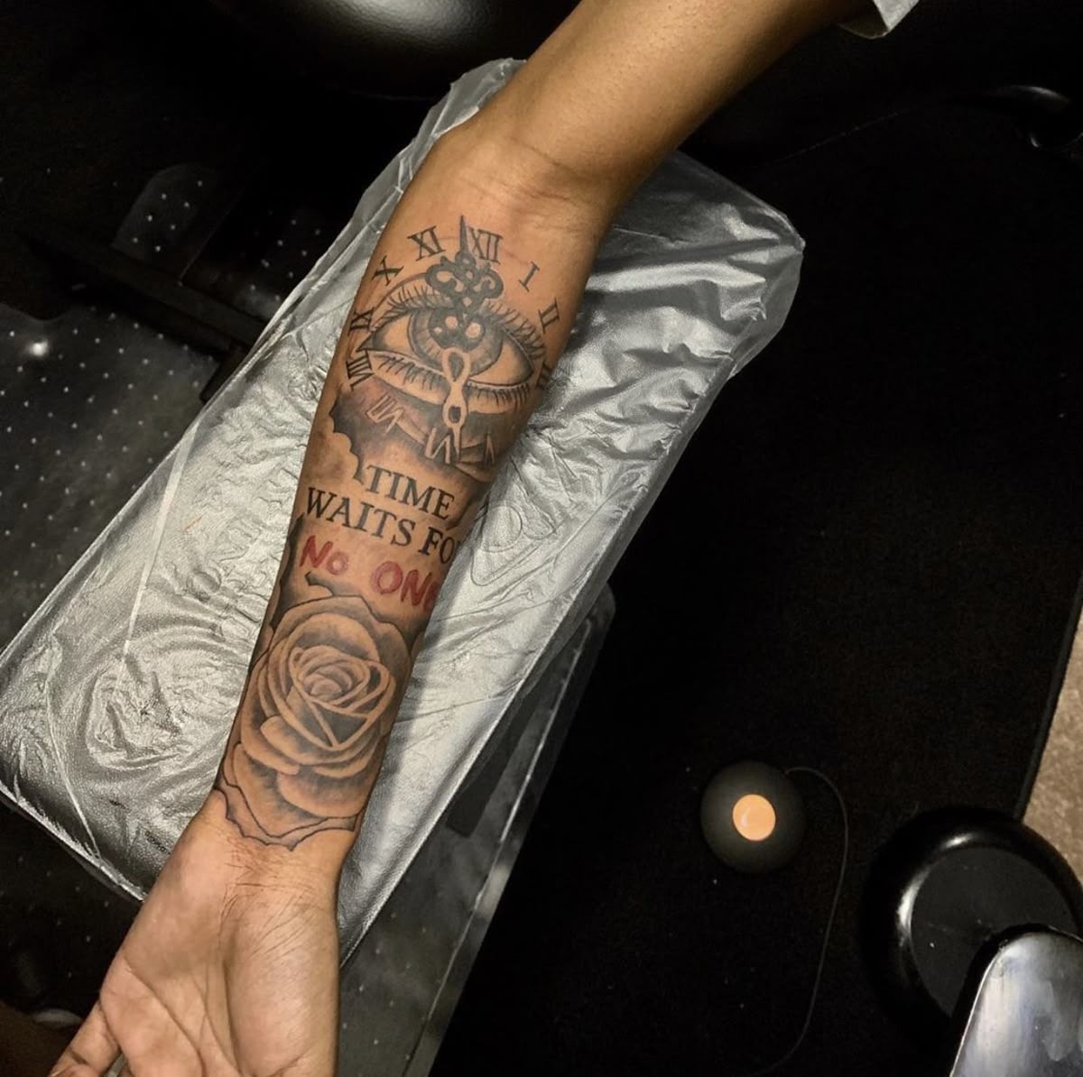 “Time Waits for No One” Eye + Roman Numerals Tattoo Design