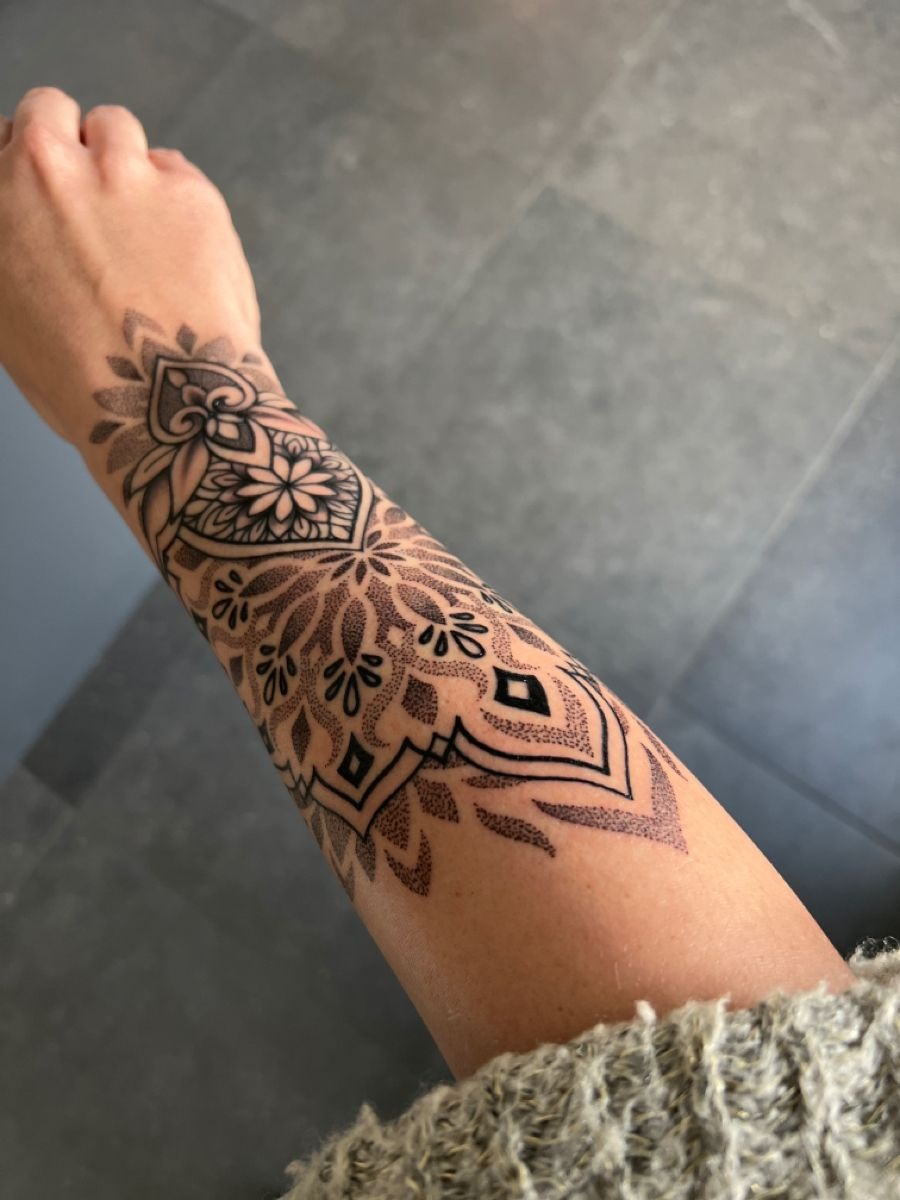 Wrist-to-Forearm lace mandala sweep Tattoo Design