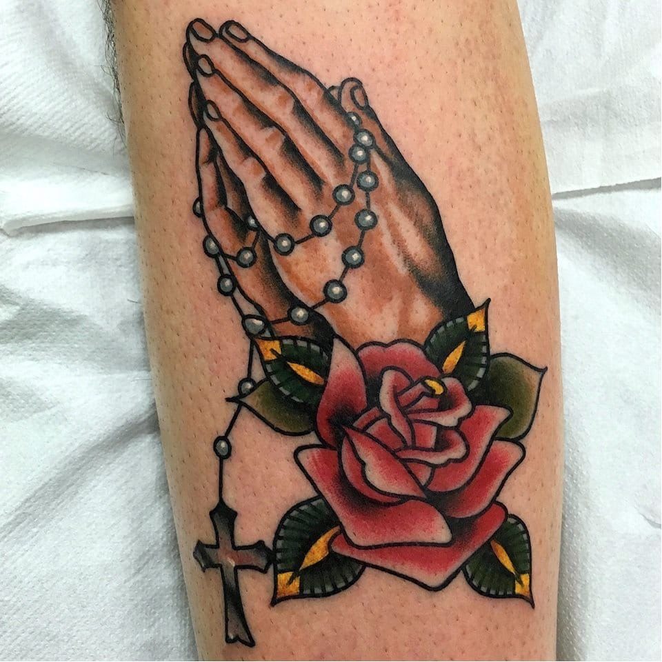 Colorful Rosary with Rose and Praying Hands Tattoo Design