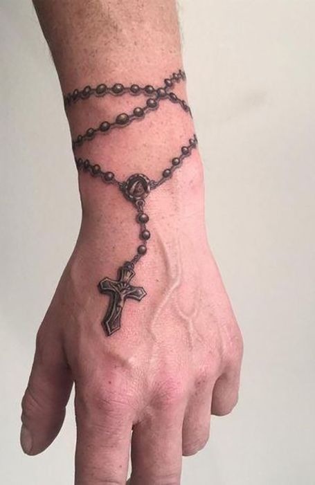 Detailed Wrist and Hand Rosary Tattoo Design