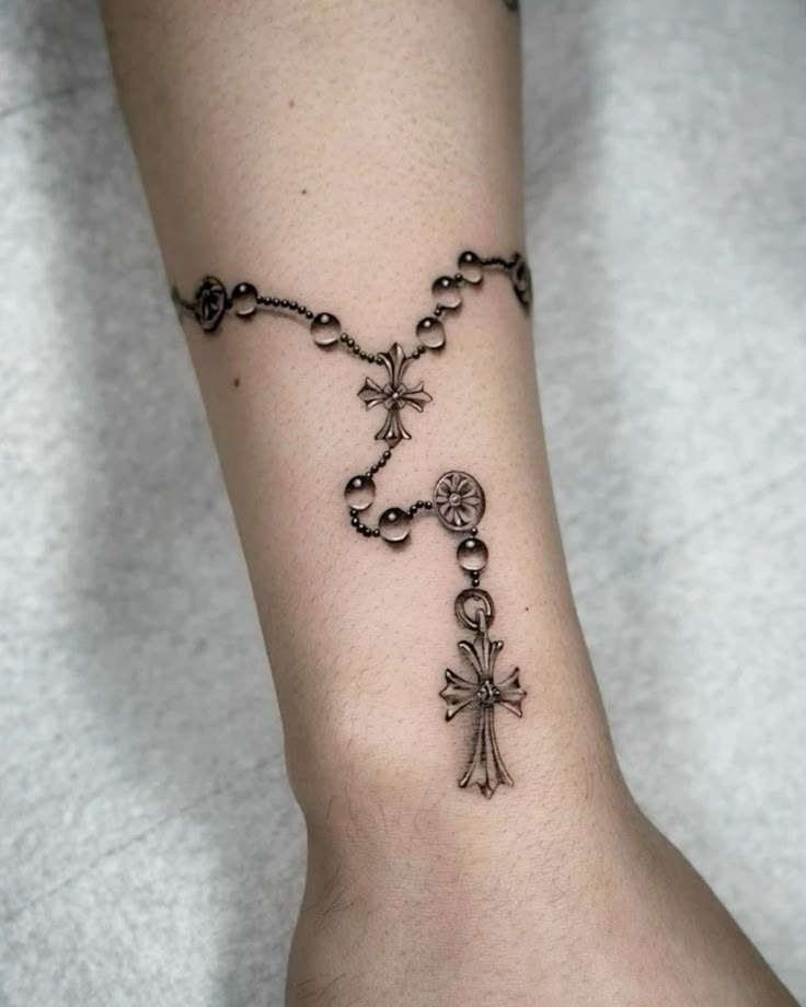 Fine Line Dual-Cross Rosary Tattoo Design
