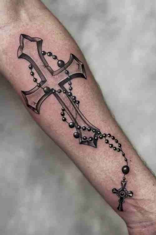 Large Cross with Draped Rosary Tattoo Design