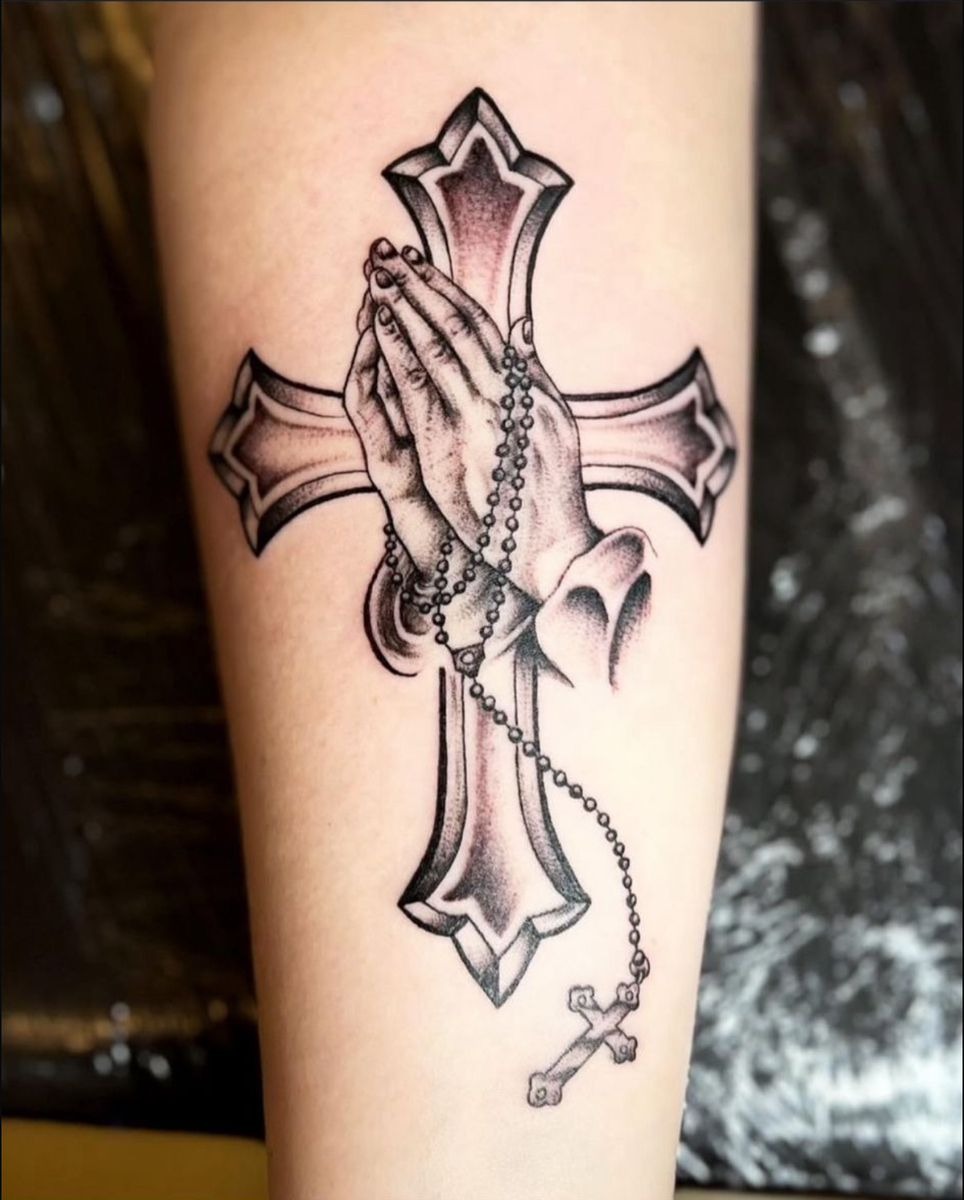 Large Cross with Praying Hands Rosary Tattoo Design