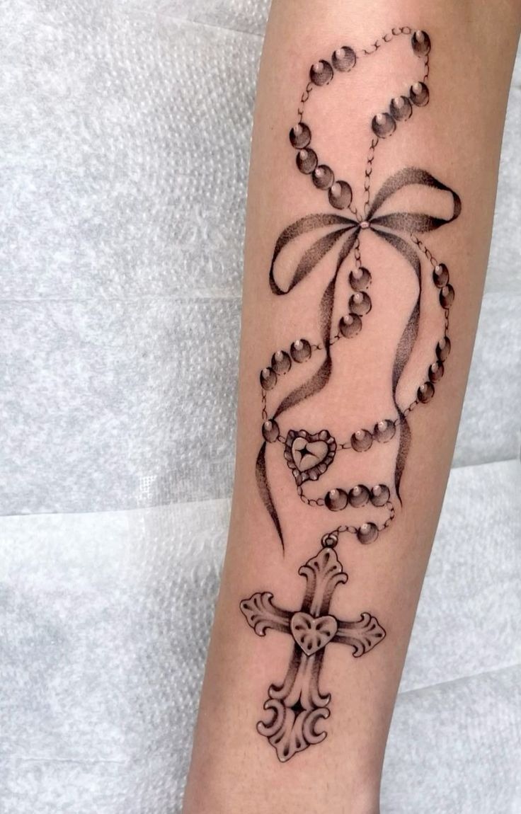 Rosary with Bow and Heart Cross Tattoo Design