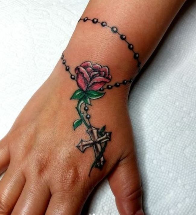 Rose and Rosary Hand Tattoo Tattoo Design