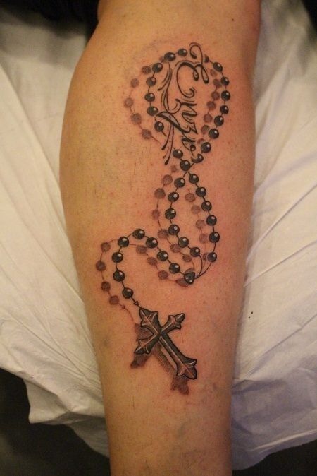 Script and Rosary Leg Design Tattoo Design