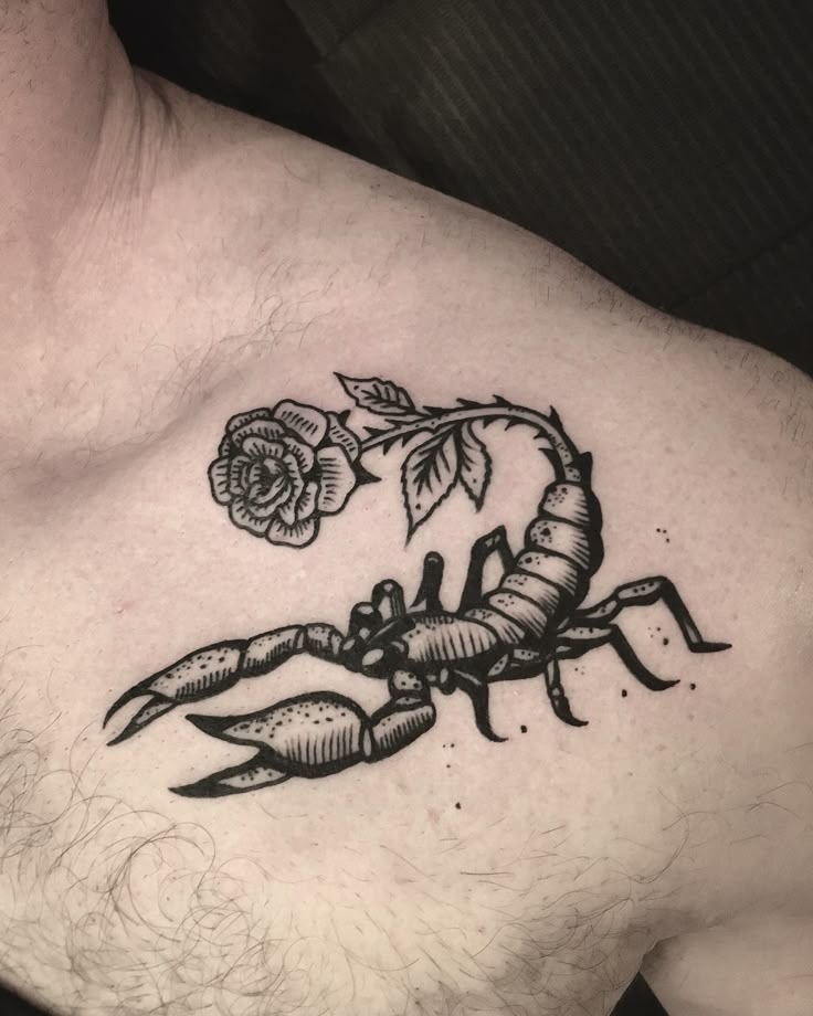 Classic Scorpion and Rose Chest Tattoo Tattoo Design