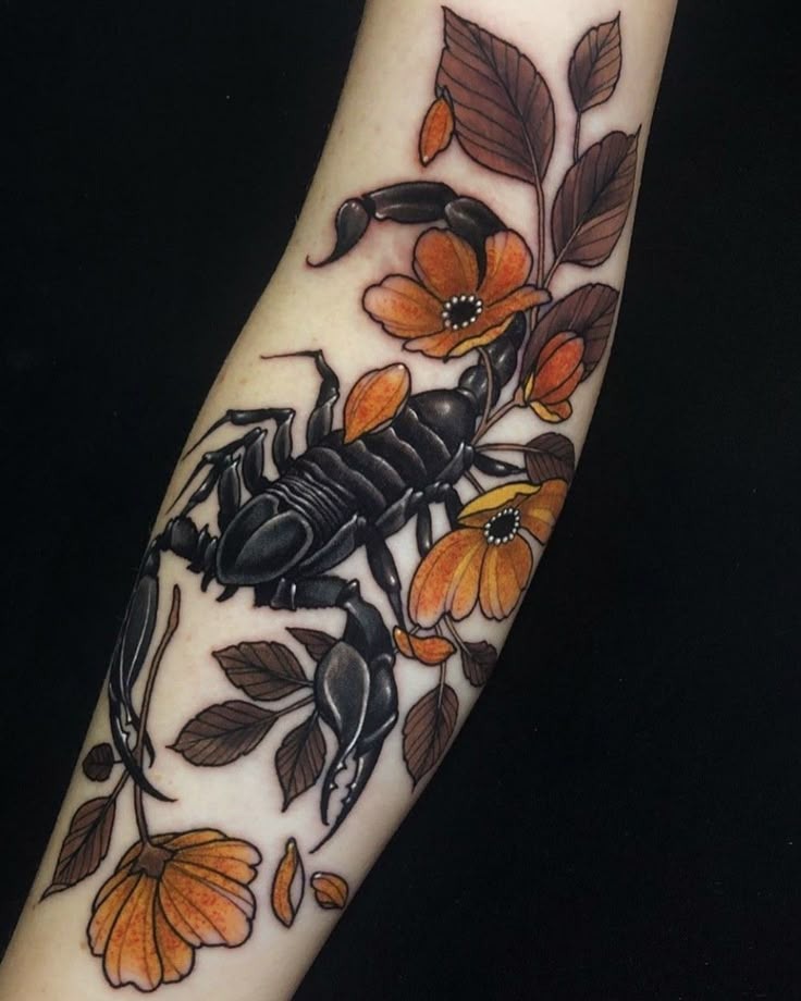 Feminine Scorpion with Floral Accents Tattoo Design