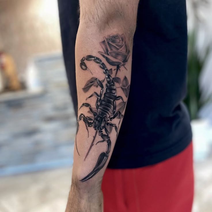 Realistic Scorpion with Rose Tattoo Tattoo Design