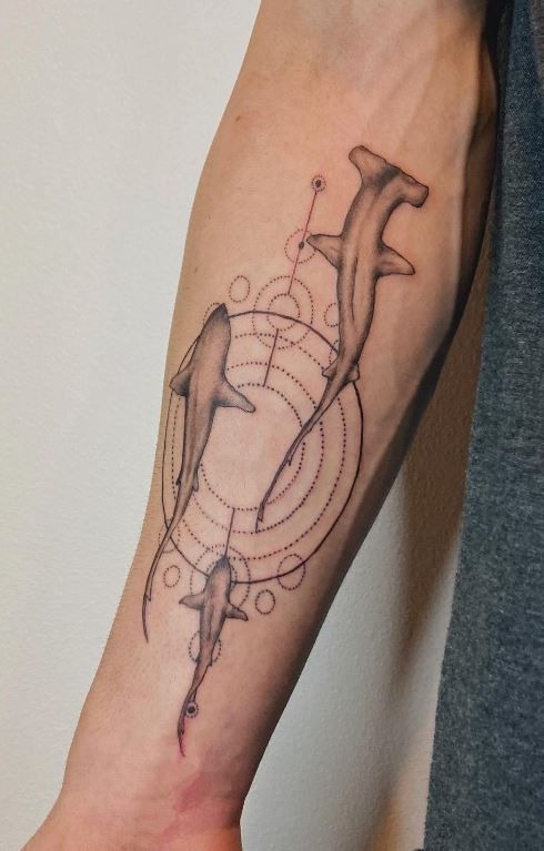 Cosmic Hammerhead Geometry Tattoo Design