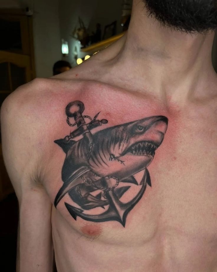 Realism Shark on the Back Shoulder Tattoo Design