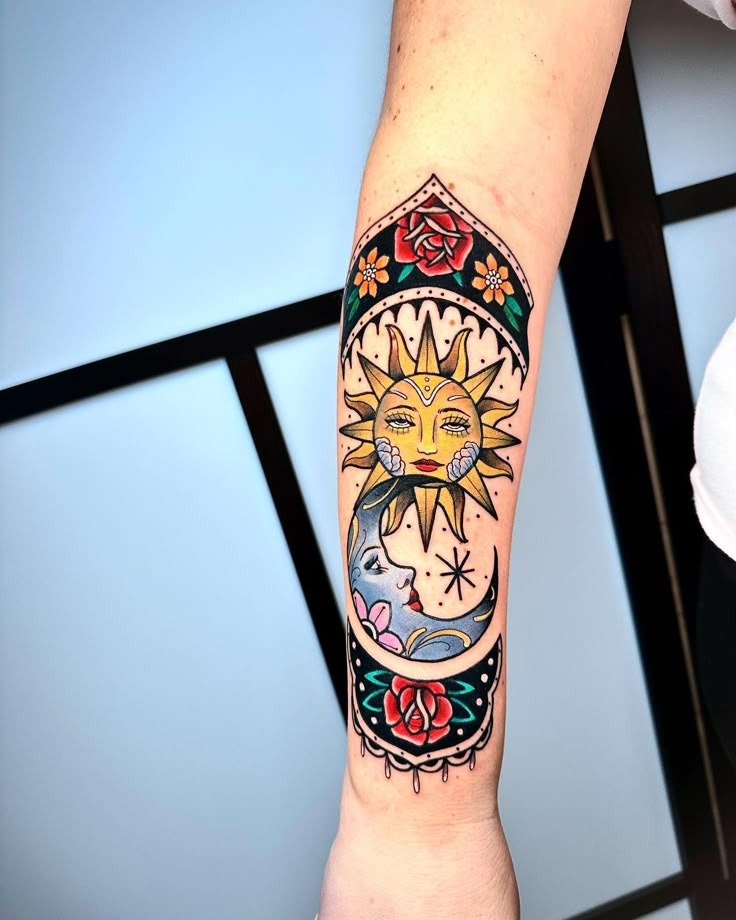 A Traditional Sun and Moon Fusion Tattoo Design