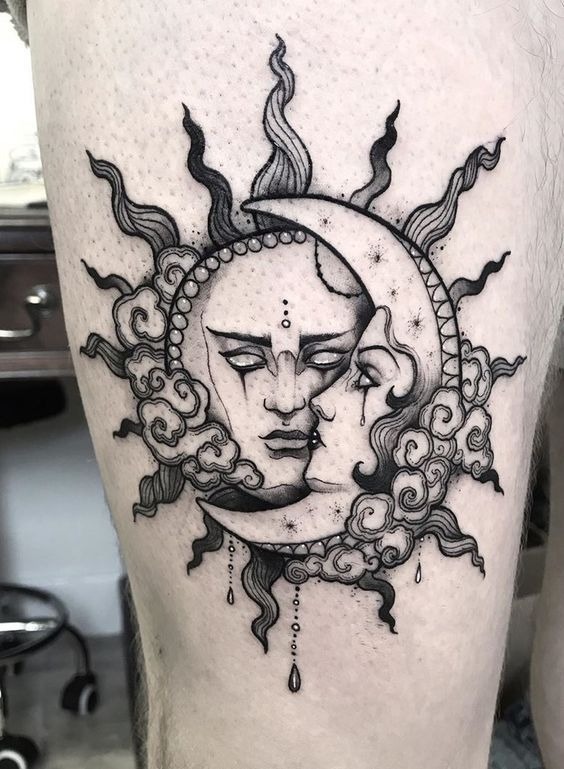 Celestial Lovers in Cosmic Embrace Tattoo Design