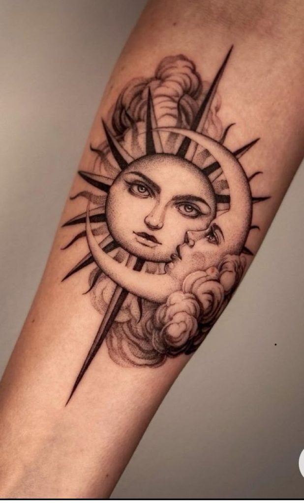 Celestial Romance with Soft Shadows Tattoo Design