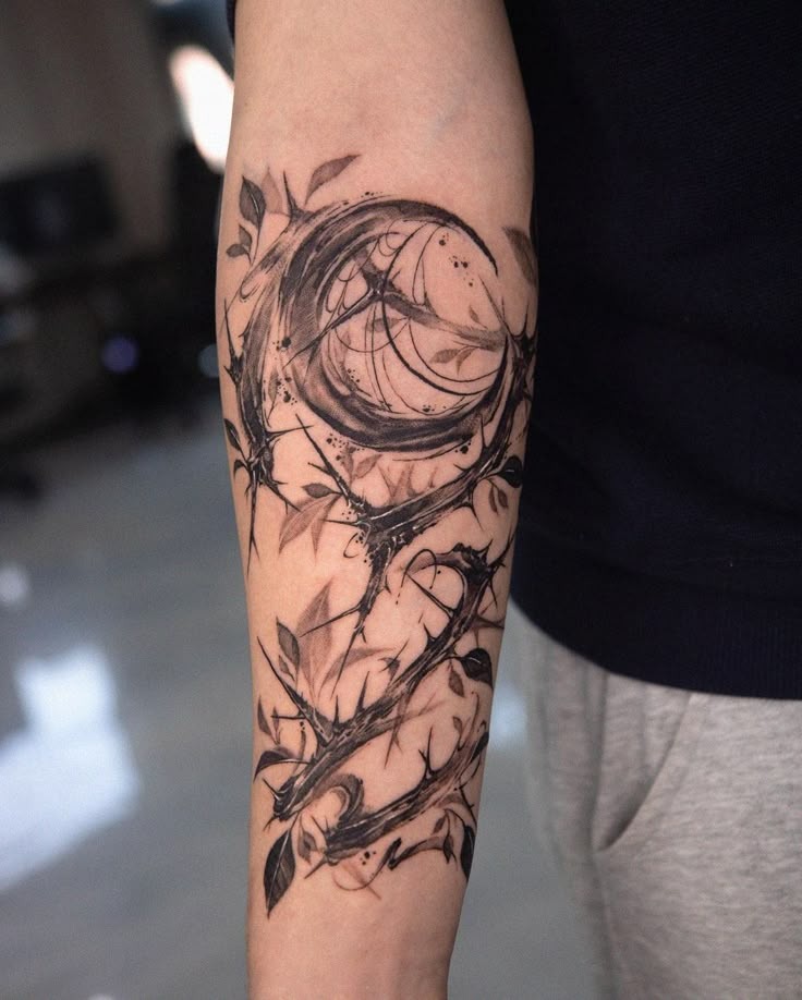 Ethereal Crescent with Thorny Branches Tattoo Design