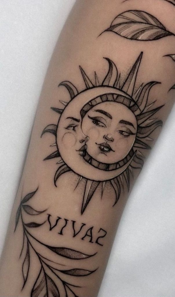 Feminine Sun and Moon with Leafy Accents Tattoo Design