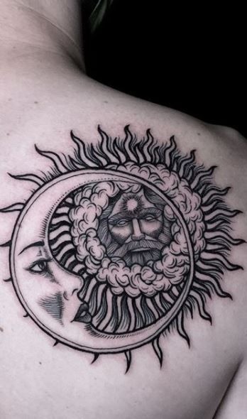 Mystical Sun and Moon on the Shoulder Blade Tattoo Design