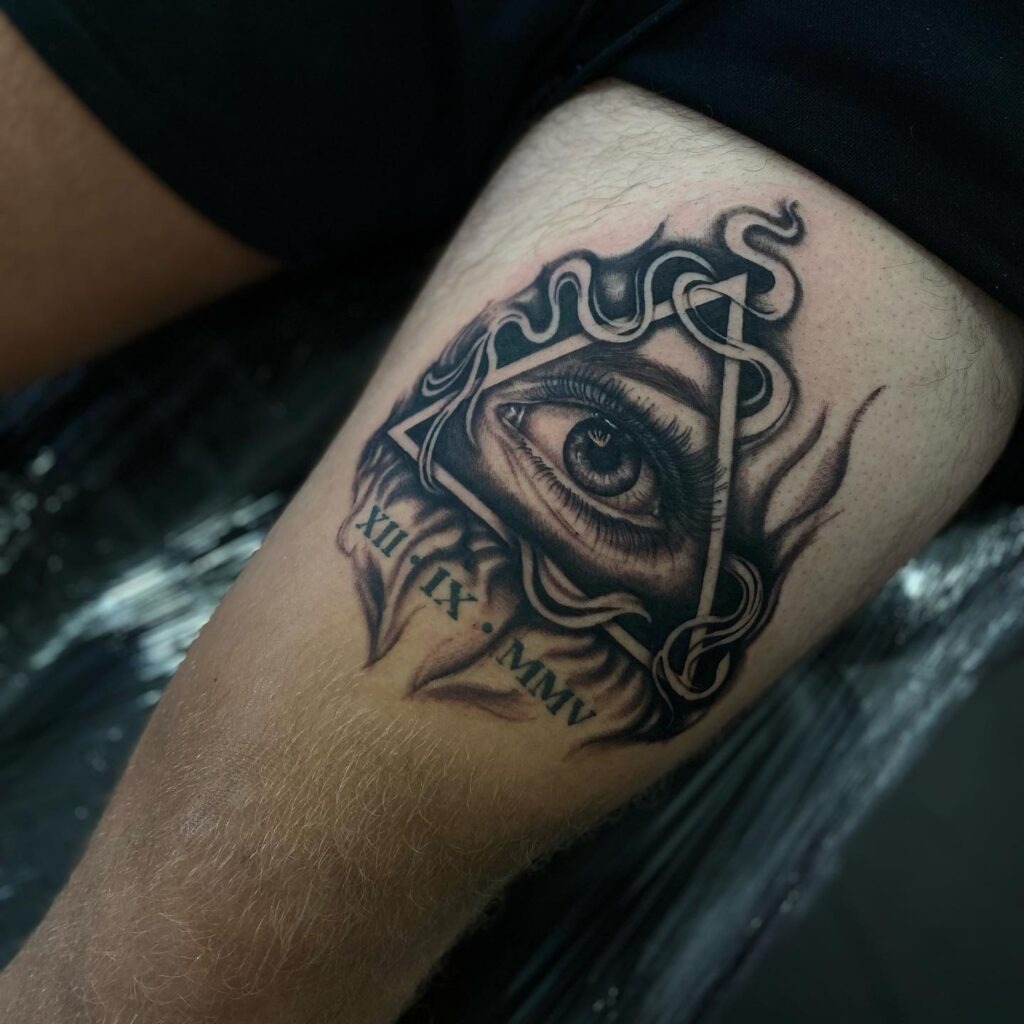 Abstract Blackwork Dragon Thigh Tattoo Tattoo Design