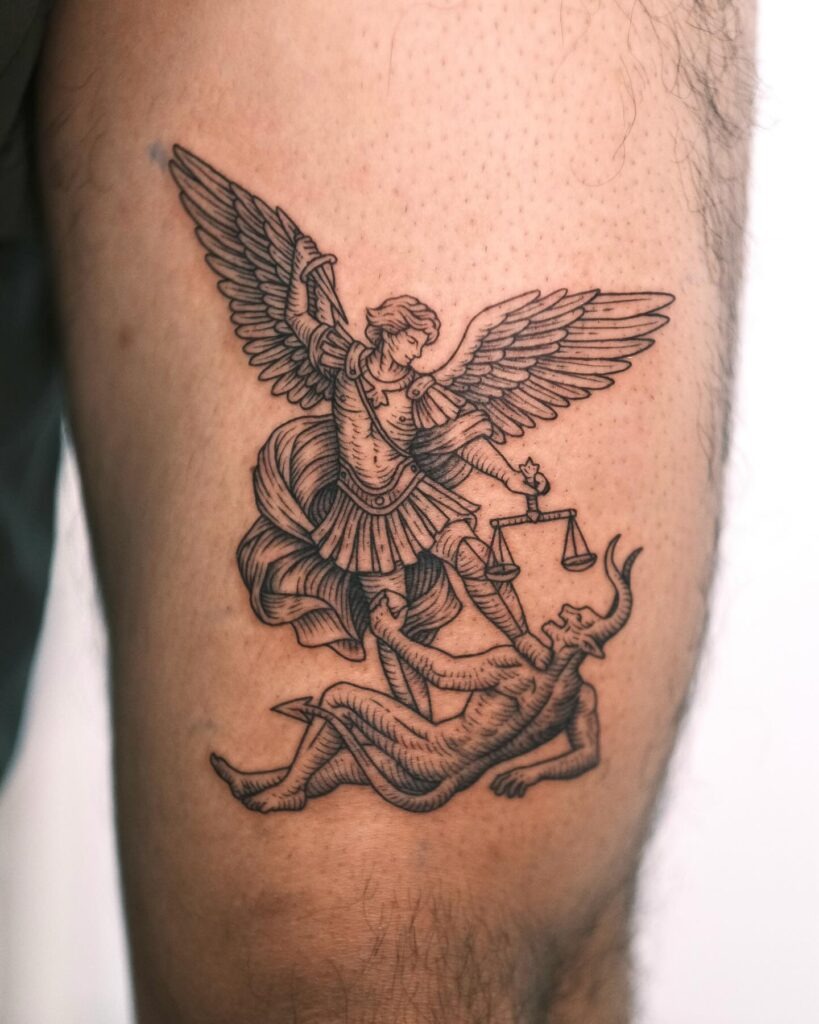 Archangel Michael Defeating Evil Tattoo Tattoo Design