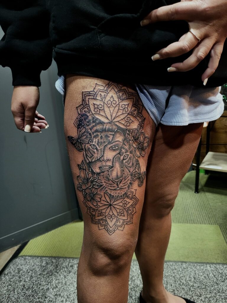 Celtic Thistle and Inspirational Quote Thigh Tattoo Tattoo Design
