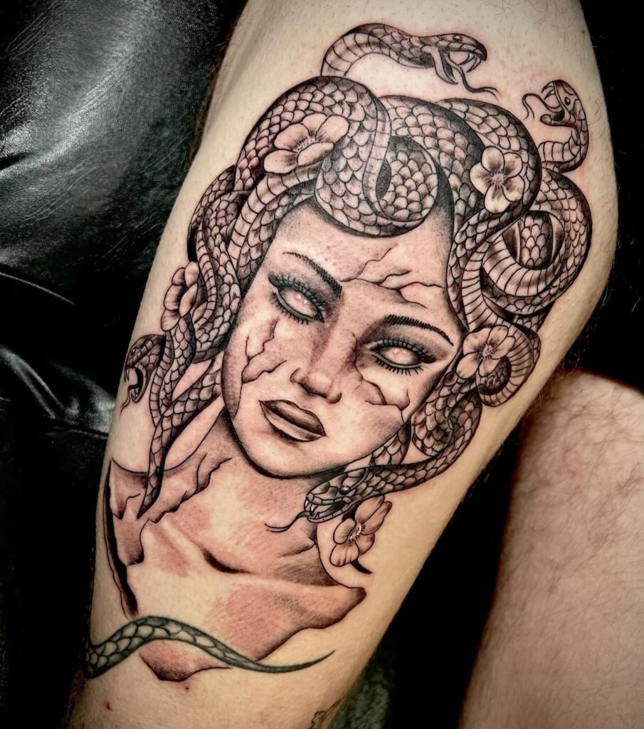 Fiery Undead Warrior Thigh Tattoo Tattoo Design