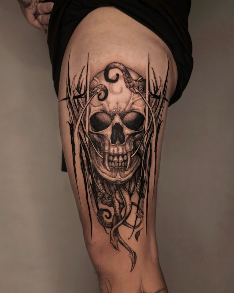 Haunting Skull and Tentacles Thigh Tattoo Tattoo Design