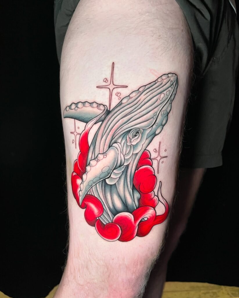 Majestic Whale and Red Waves Tattoo Tattoo Design