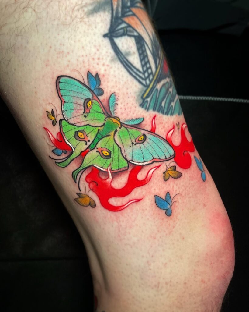 Vibrant Luna Moth and Flames Tattoo Tattoo Design