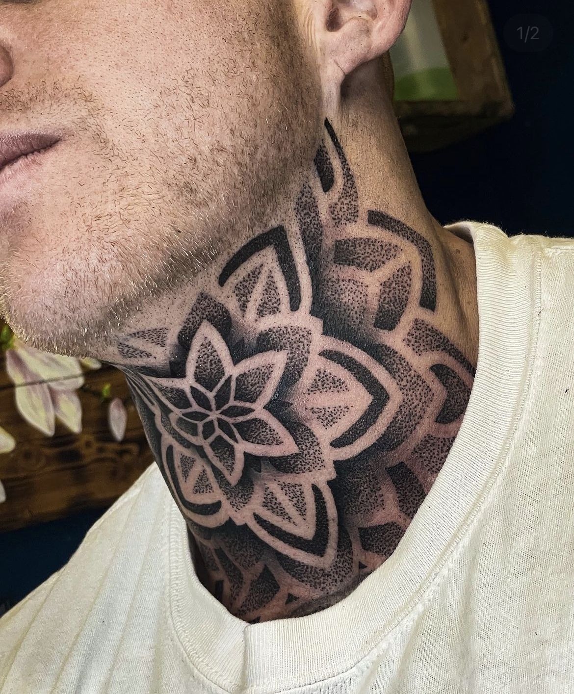 Dark Organic Black Work Throat Tattoo Tattoo Design