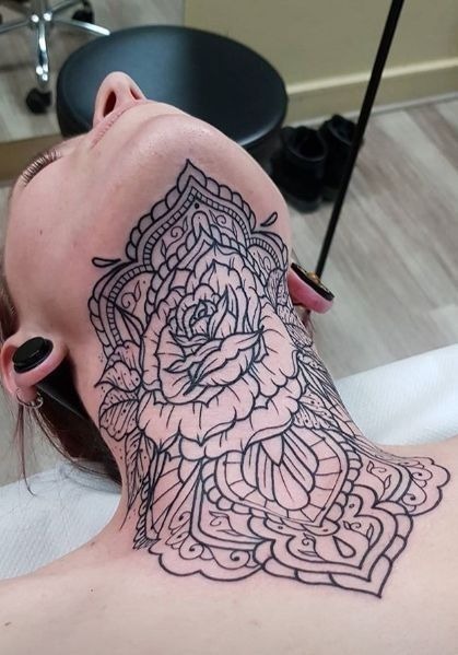 Ornamental Mandala Flower Throat Tattoo Tattoo Design