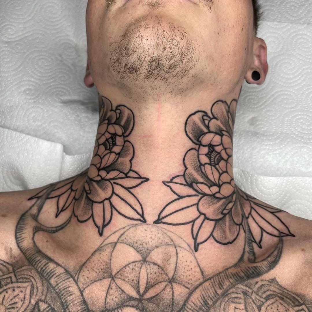 Symmetrical Floral Neck Tattoo for Men Tattoo Design