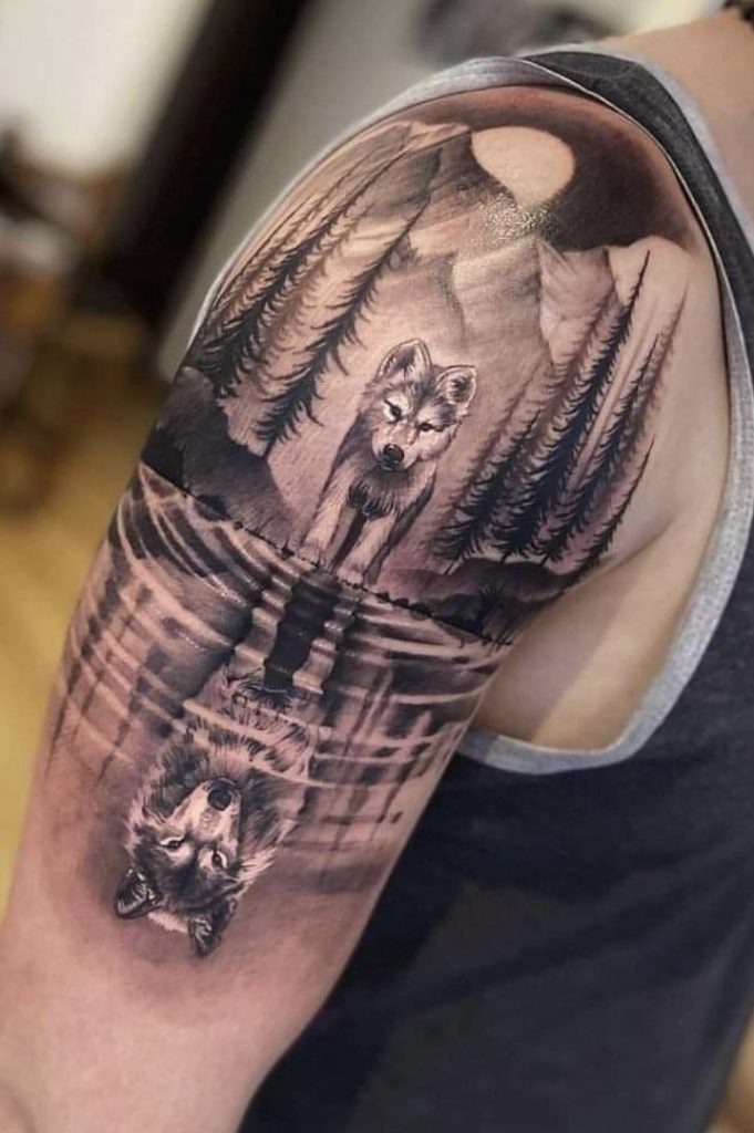 Howling Wolf Under the Moonlight Tattoo Design
