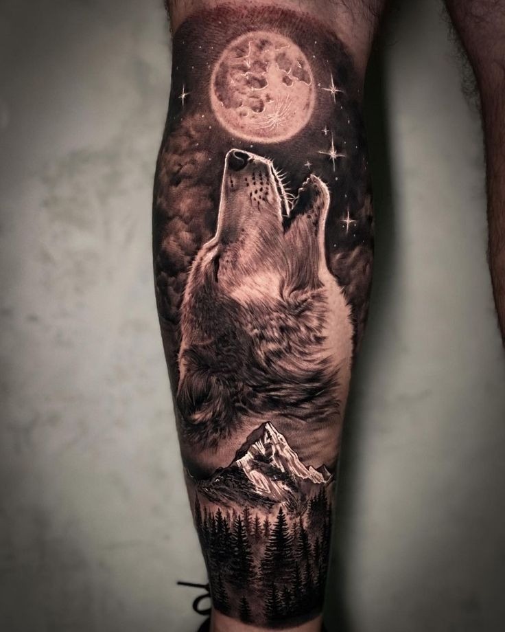 Mystical Wolf with a Forest and Moon Tattoo Design