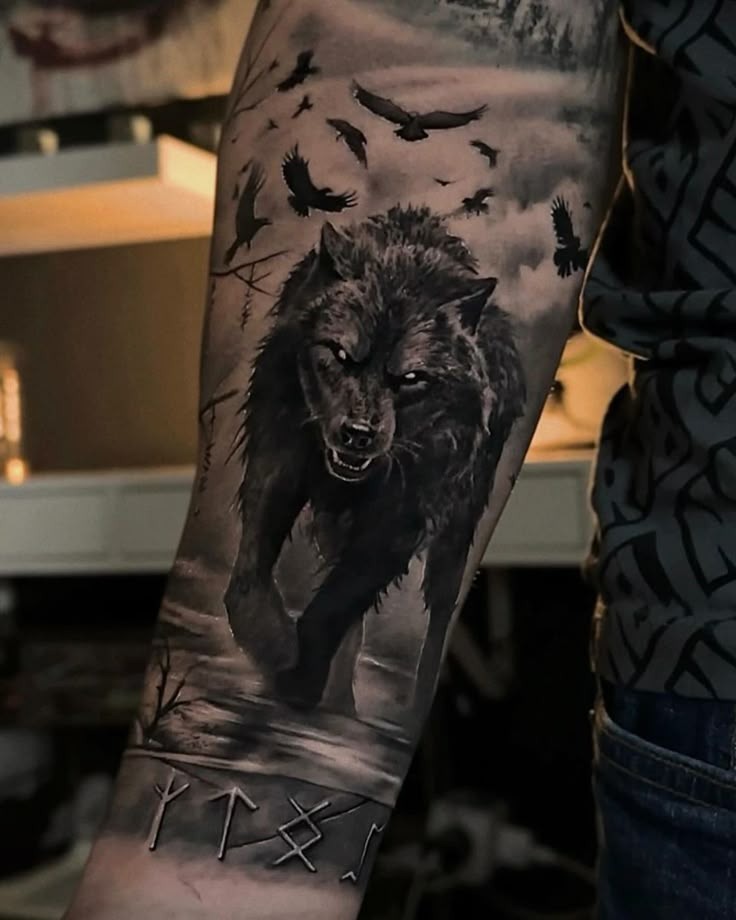 Serene Wolf with Forest Background Tattoo Design