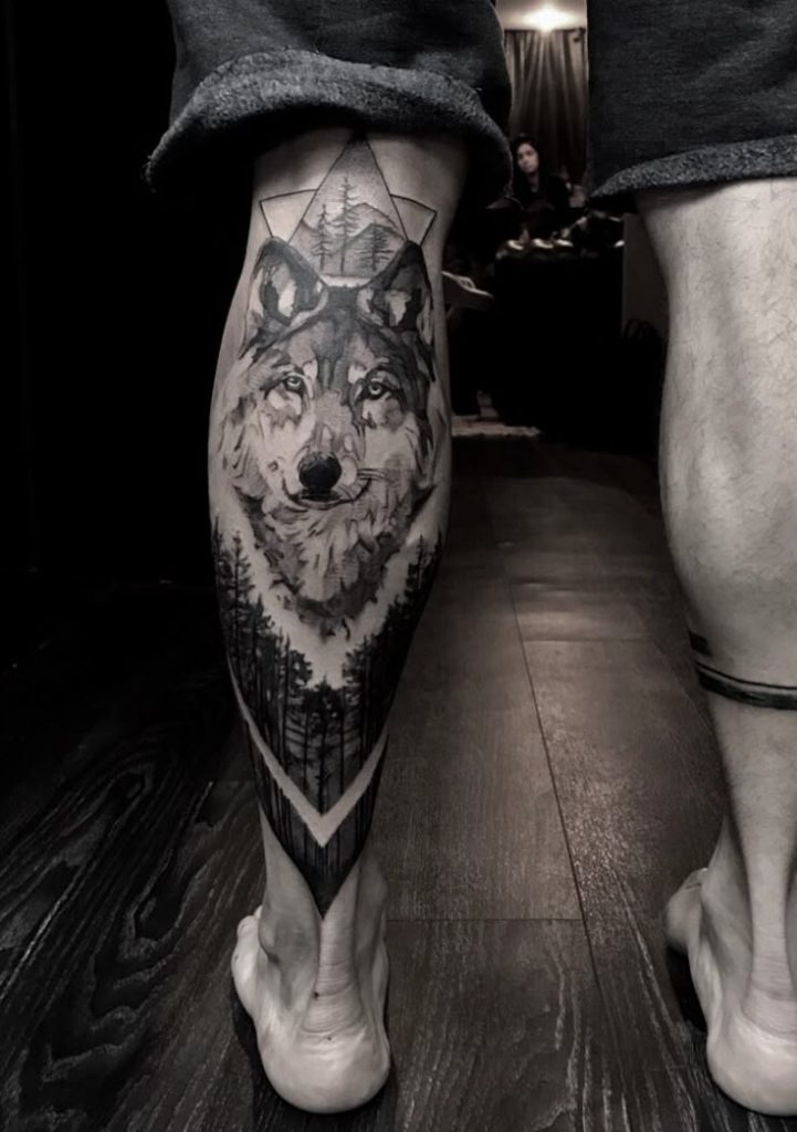Small Wolf and Crescent Moon Tattoo Tattoo Design