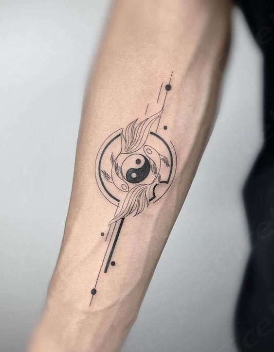 This design incorporates a traditional yin-yang emblem within a circular pattern that emphasizes smooth lines of movement.
