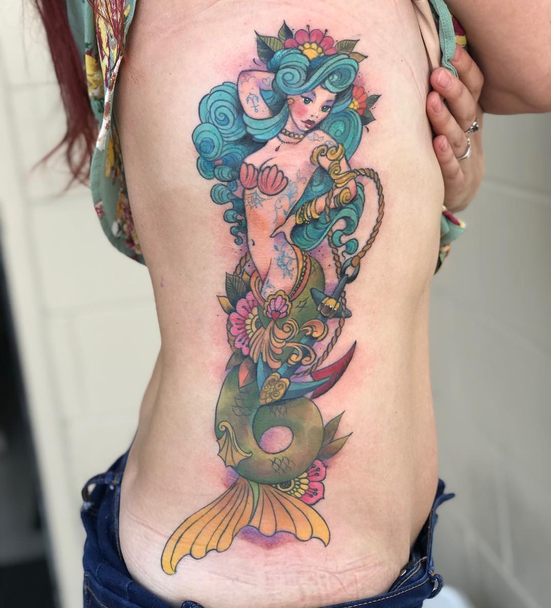 Colorful Floral Mermaid Tattoo Tattoo Design